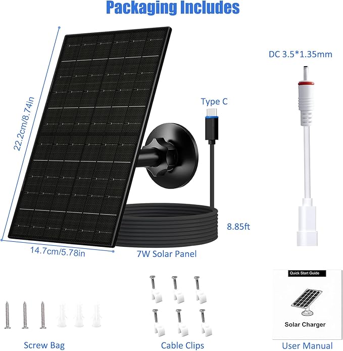 7W Solar Panel for Ring Camera, Solar Charger with USB-C & 3.5mm Ports for Ring Stick Up & Spotlight Cam Series, IP66 Waterproof, 360° Adjustable Mount, 8.8ft Charging Cable, Black