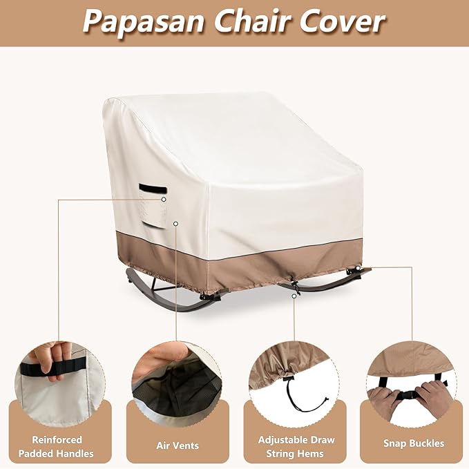 Outdoor Rocking Chair Cover, Heavy Duty Waterproof Papasan Chair Cover with Split Zipper, Easy to use, Beige