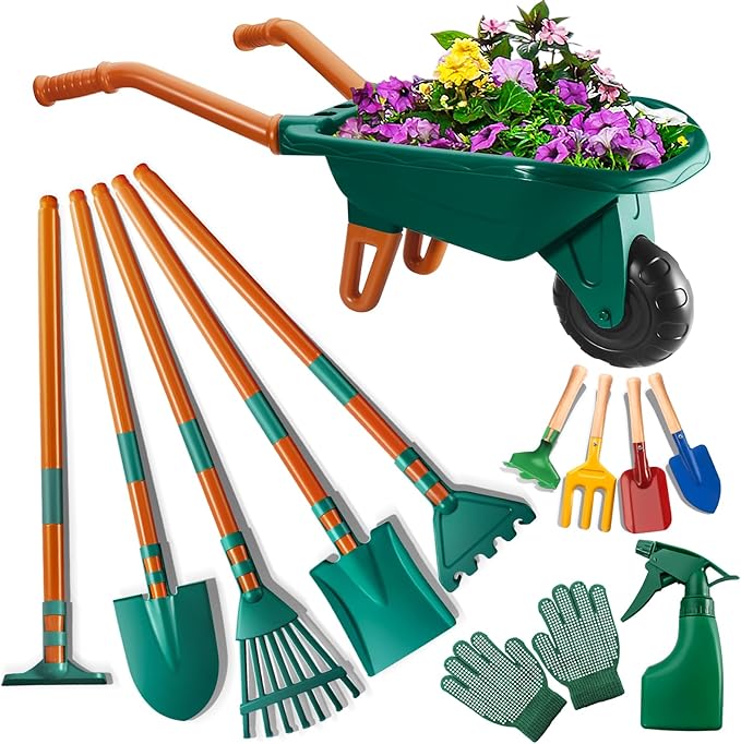 Kids Gardening Set-Kids Gardening Tools Wheelbarrow Set with Shovel, Leaf Rake, Gloves, Spray Bottle-Toddler Gardening Set Play Outdoor Educational STEM Learning for Boys Girls Age 3+