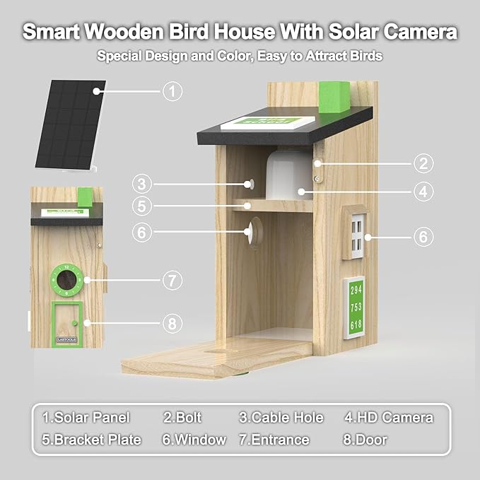 Solar Bird House with Camera - 2K HD Wooden Smart Birdnest Watch Birds Nesting & Hatching in Real Time, 2.4G WiFi with Camera Inside AI Identify Bird Behavior, Ideal Gift for Bird Lovers