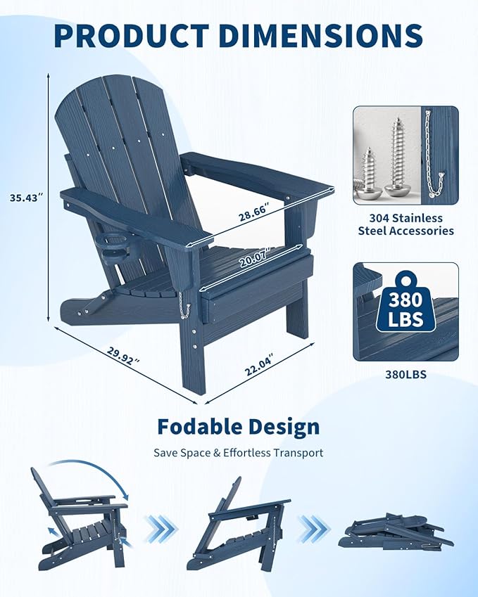 GarveeLife Folding Adirondack Chair Set of 2 with Side Table, All-Weather HDPE Outdoor Chair, Wooden Textured with Cup Holder for patios, Decks, Gardens, fire pits, Navy Blue