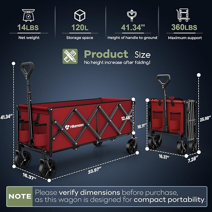 Hikemoon 34'' Extra Long Collapsible Wagons Carts Foldable, 360LBS Heavy Duty Folding Beach Wagon with Wheels, Portable Utility Outdoor Cart for Grocery, Garden, Sports, Camping, Red