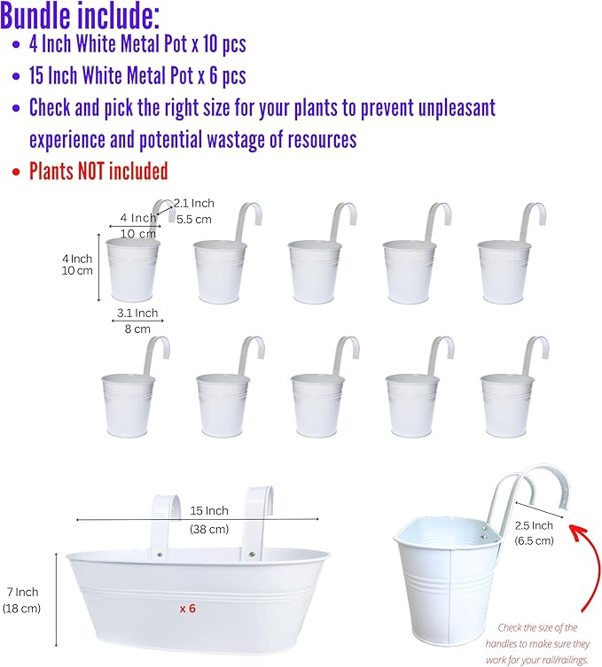 LaLaGreen Bundle- 10 Pack, 4 Inch Cute Size White Metal Pot + 6 Pack, 15 Inch Large Metal Pot Outdoor Rail Planter Boxes with Hanger Hook Window Hanging Plant Flower Herb Bucket Fence Deck Patio Porch
