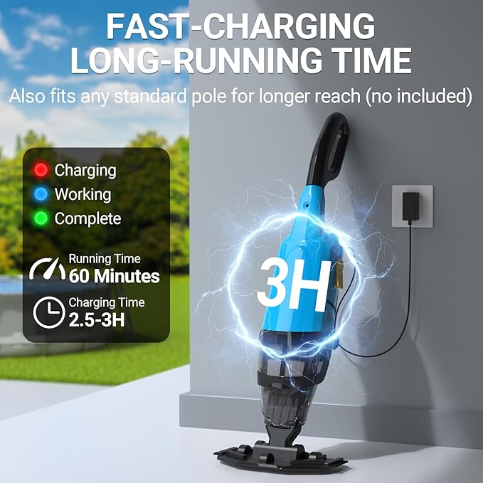 Cordless Handheld Pool Vacuum for Above Ground Pools, 18GPM IPX8 60Mins Above Ground Pool Vacuum W/4-Section Pole for Leaves Sand Debris & Step Corner Wall, Pool Vacuum for Inground Pools Hot Tub Spa