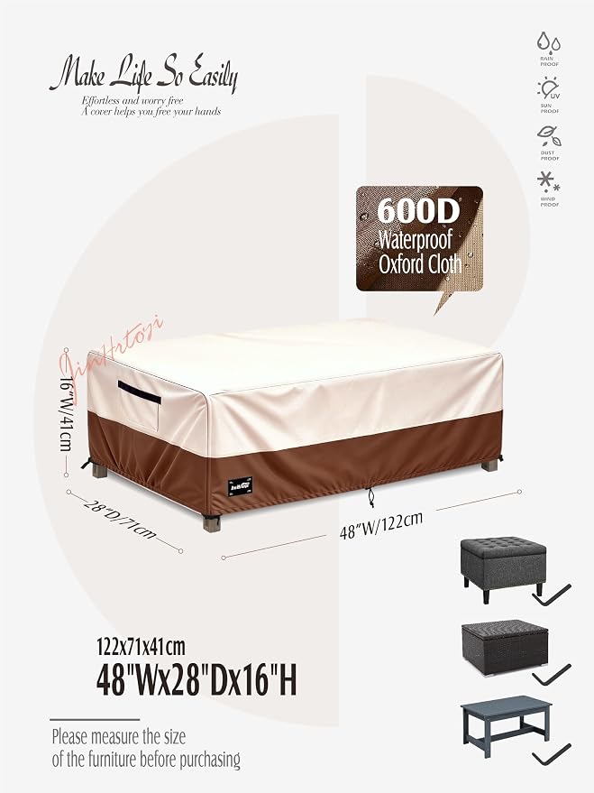Patio Coffee Table Cover,48Wx28Dx16H Inches 100% Waterproof Heavy Duty Outdoor Rectangular Side Table Cover,Beige&Brown Modern Style Outdoor Furniture Covers