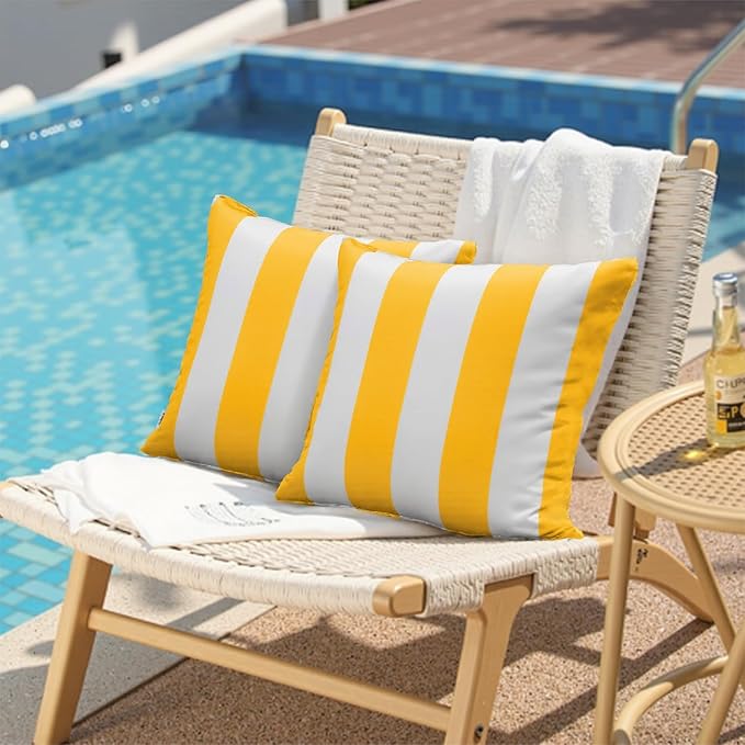 Western Home Pack of 2 Decorative Outdoor Solid Waterproof Striped Throw Pillow Covers Polyester Linen Garden Farmhouse Cushion Cases for Patio Tent Balcony Couch Sofa 18x18 inch Yellow