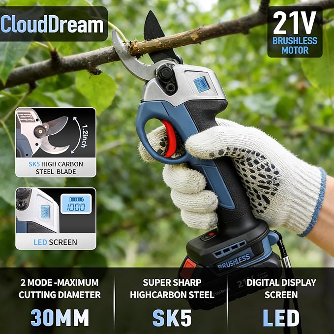 Electric Pruning Shears Cordless,30mm 1.2'' Cutting Diameter Pruning Shears Garden Tool with LED Display,2000mAh*2 Batteries,Replaceable SK5 Blade,Brushless Motor for Garden Tree Pruner Branch