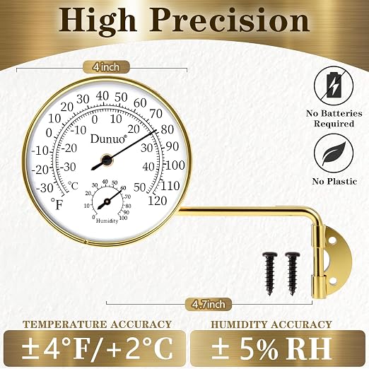 Outdoor Thermometer - Weatherproof & Decorative Outside Temperature Gauge for Window, Greenhouse Accessories and Patio (Easy-Read Brass Swivel Design) (4inch Gloden case+ White dial)