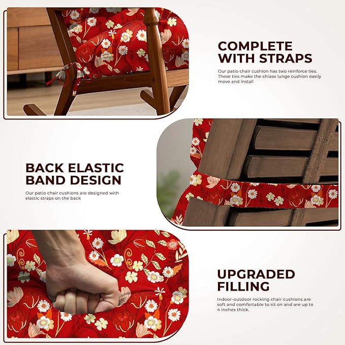 Adirondack Chair Cushion Waterproof Indoor Outdoor Rocking Chair Cushion 44 Inches Patio High Back Chair Cushions Thickened Adirondack Rocking Chair Cushions with Ties, Red Peony