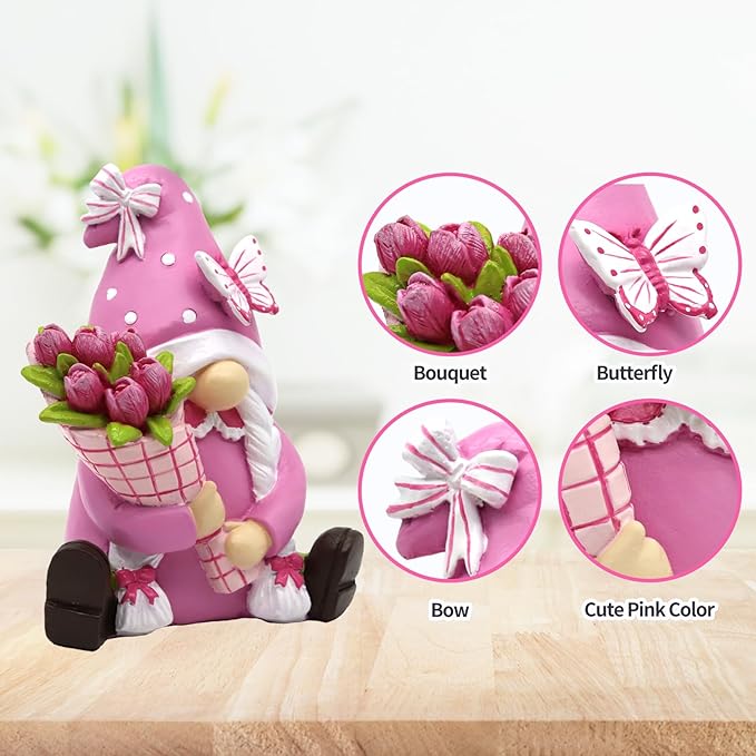 Spring Gnomes Decorations for Home Office- Pink Resin Garden Gnomes with Butterfly Tulip Tiered Tray Decor- Spring Mother's Day & Retirement Gifts