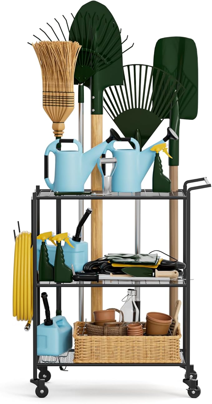Uboway Garden Tool Organizer: Yard Tool Organizer for Garage with Water Hose Holder and Wheels, Up to 60 Long Handled Tools, Garden Tool Holder For Garage, Shed, Outdoor, Easy to Install, Black
