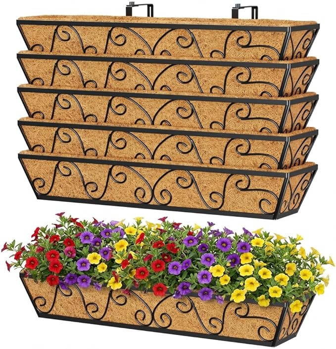 Y&M 30 Inch Butterfly Window Box Planter. Railing Planters for Outdoor Plants, Over the Railing Planter Boxes & Wall Mount, Rust-Resistant Steel with Coco Coir Liner for Balcony, Deck - 6 PCS