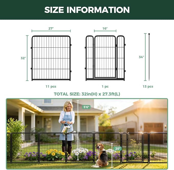FXW Garden Fence Outdoor for the Yard – 32in(H) x 27.3ft(L) Heavy Duty Metal Animal Barrier for Dog, No Dig Decorative Dog Fence, 12 Panels, Black