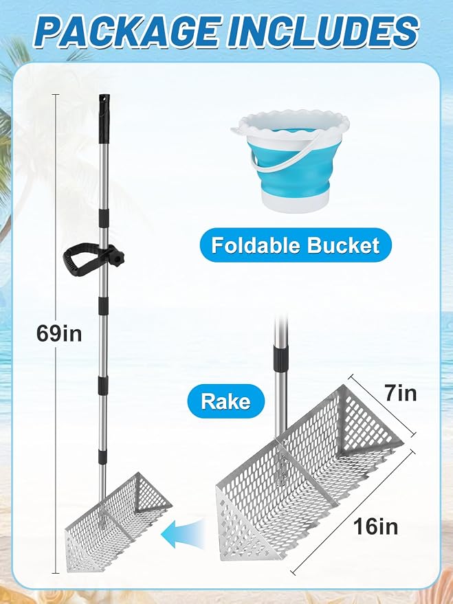 69in Effortless Sand Flea Rake - Stainless Steel Shark Tooth Sifter with Bucket, Sands Sifter Shelling Tools for Beach Metal Detecting Beachcombing