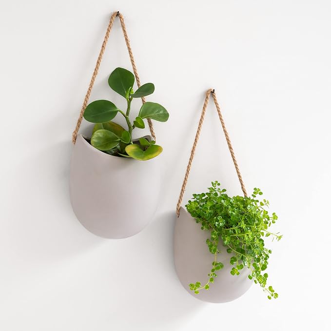 Kazai. Wall Planters -Ellie- | Hanging Ceramic Plant Pots 2 Pieces | Wall Decoration for Indoors, Balcony and Garden | Light Grey (Matte)