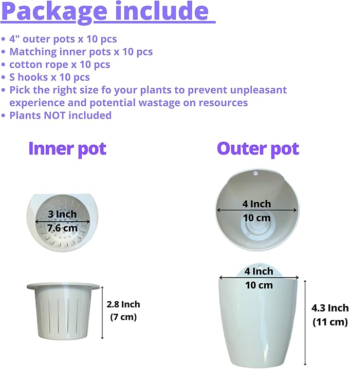 ShopLaLa Bundle- 4" White Self Watering Plastic Pots x 10 Pack + White Wooden Hanging Planters x 2 Pack Vertical Wall Mounted Pot Holder Indoor Plants Modern Hydroponic Herb Succolent Garden LaLaGreen