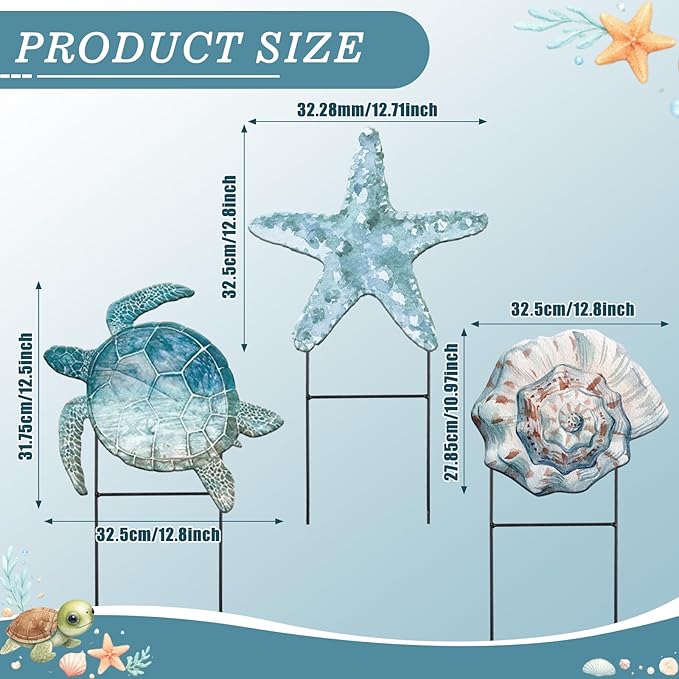 Moxweyeni 3 Pcs Metal Beach Outdoor Decoration 25 Inch Summer Ocean Theme Yard Sign Turtle Starfish Conch Coastal Outdoor Stakes for Garden Pool Lawn Holiday Party Take Photos