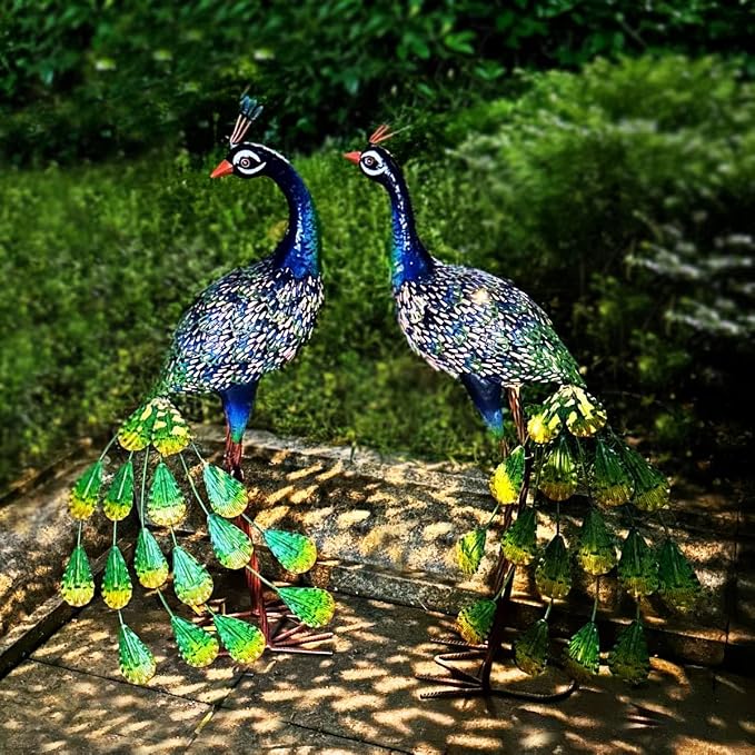 Kircust Metal Outdoor Solar Peacock Statues for Garden & Yard | Weatherproof Decor with Lights, Elegant Gift for Patio