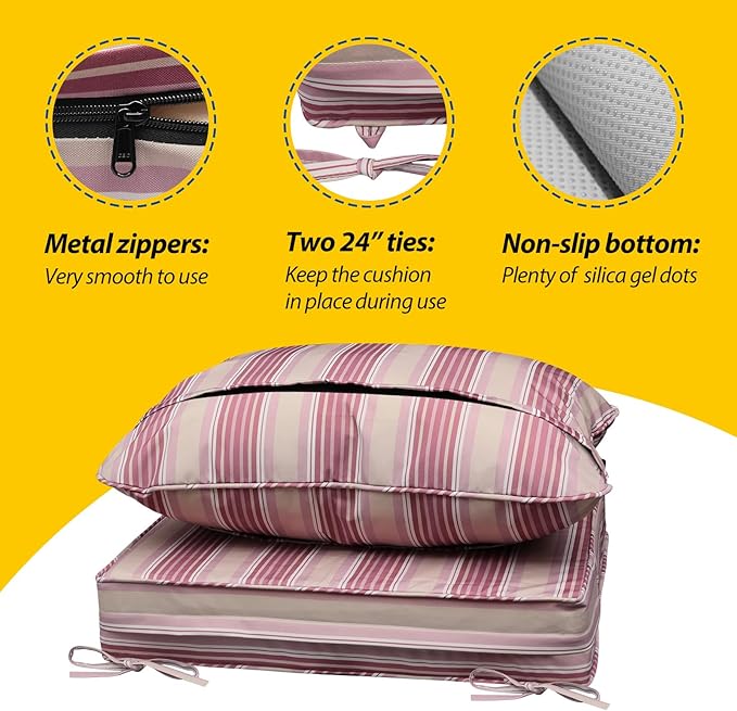 AAAAAcessories Outdoor Seat Cushions for Chairs, Fade-Resistant, Waterproof Patio Furniture Replacement Cushions, 25.5" x 25.5" x 5" + 25.5" x 19", Dusty Rose Garden Stripe