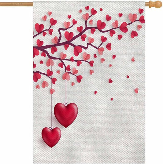 AOYEGO Valentines Day House Flags 28 x 40 Double Sided Burlap Tree With Paper Leaves and Hanging Hearts Happy Saint Yard Flags Spring Summer Farmhouse Seasonal Outdoor Flag