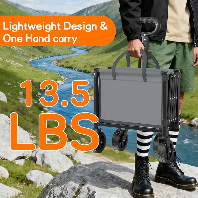 35" L Extra Long Wagons Carts Foldable, 360LBS Heavy Duty Collapsible Wagon with Wheels, Folding Wagon Portable Utility Cart for Groceries, Shopping, Camping, Sports (Gray, 180L)