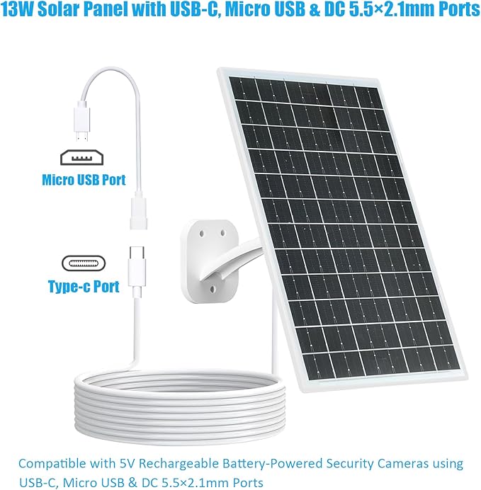 13W Solar Panel for Security Cameras, 5V Output, USB-C/Micro USB/DC (5.5x2.1mm), 360° Adjustable Mount, IP66 Waterproof, 7.2FT Cable, Outdoor Solar Charger