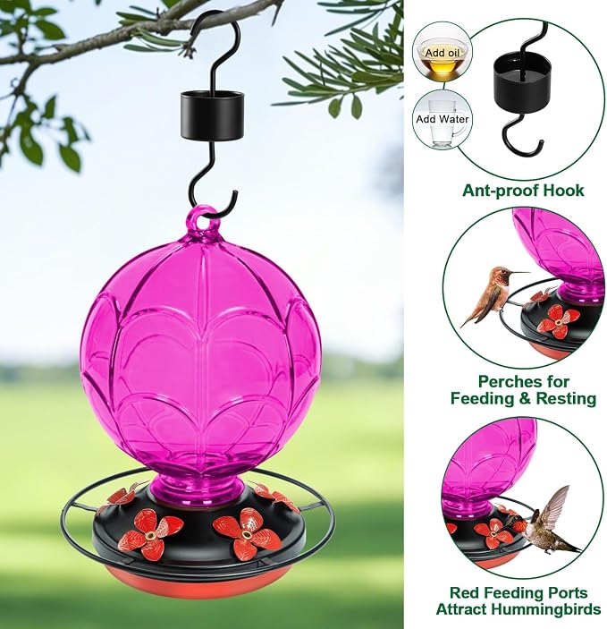 Glass Hummingbird Feeder for Outdoors Hanging, Gift for Women Mom and Bird Lovers