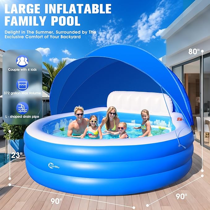 2026 Extra Large Upgraded Inflatable Pool with Canopy, Inflatable Family Lounge Pool, Round Blow Up Pool for Adult with Bench&Backrest,Swim Center Easy Backyard Pools for Kids & Adults, Blue
