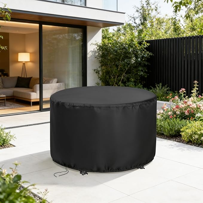 Round Patio Bar Height Table and Chair Cover 90 Inch, Outdoor Round Tall High Patio Table Cover for Patio Rounds Furniture, Patio Set Covers Waterproof Outdoor - 90 X 43 Inch, Black