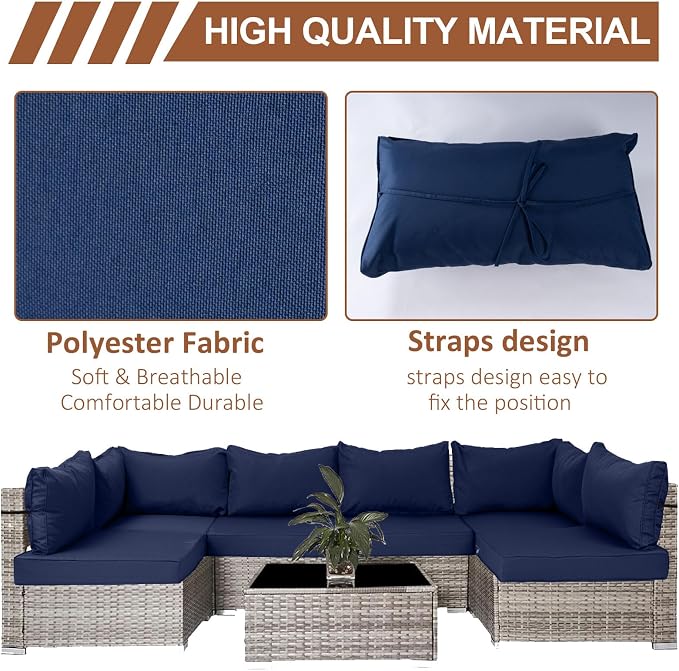 14 Piece Outdoor Patio Cushion Covers Replacement, Waterproof Outdoor Furniture Cushion Covers, Fit 7 Pcs 6 Seater Wicker Rattan Conversation Sofa Set,Navy Blue(No Piping) 25.6x25.6