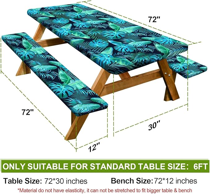 Picnic Table Cover with Bench Covers Camping Essentials Waterproof Windproof Camping Tablecloth with Drawstring Bag, Fitted Rectangle Tables and Seats, 72in, Green Leaf