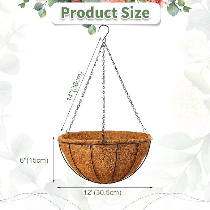 Rtteri 8 Pcs 12 Inch Hanging Baskets for Plants Outdoor with Metal Wire Frame and Coconut Coir Liners, Round Wire Hanging Baskets with Chain for Patio Garden Porch Decoration
