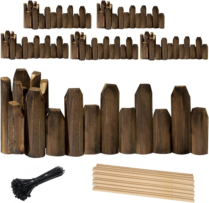 Wood Garden Edging, Staggered Wooden Fence Border Decorative Small Picket Panels and Landscape Fencing