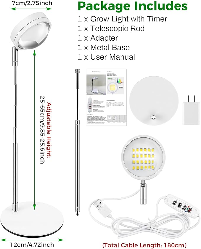 Plant Grow Light, Full Spectrum Grow Lights LED Spotlight with Metal Base, Desk Plant Growing Lamps with Auto On Off Timer 3/9/12H, 6 Brightness Levels, 9.8-25.6'' Adjustable Height