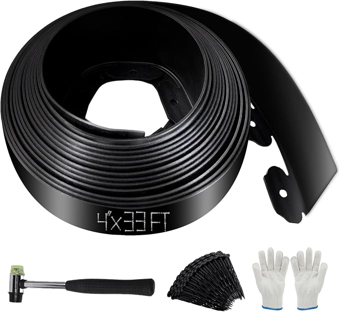 No Dig Landscape Edging 33FT, 4 Inch Plastic Edging for Landscaping with 100 Spikes, for Garden, Lawn, Flower Beds and Yard, Black