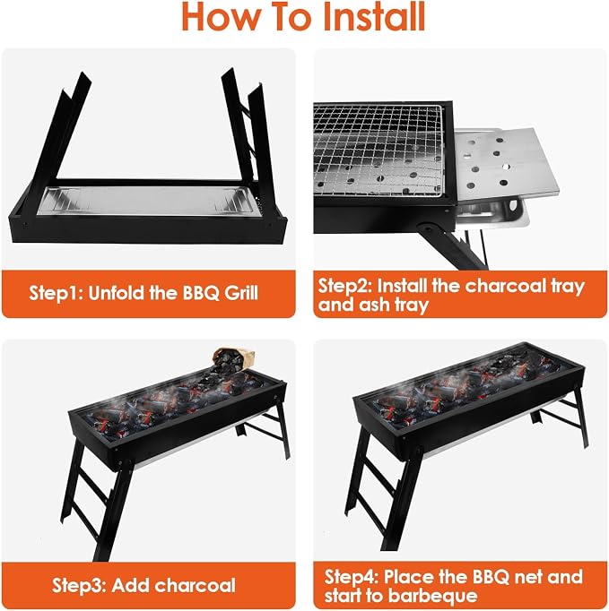 Foldable Charcoal Grill, Portable BBQ Grill with Stainless Steel Grill Net, Easy Setup Tabletop Barbecue for Camping Picnic Outdoor Party Backyard (22 x 9 x12in)