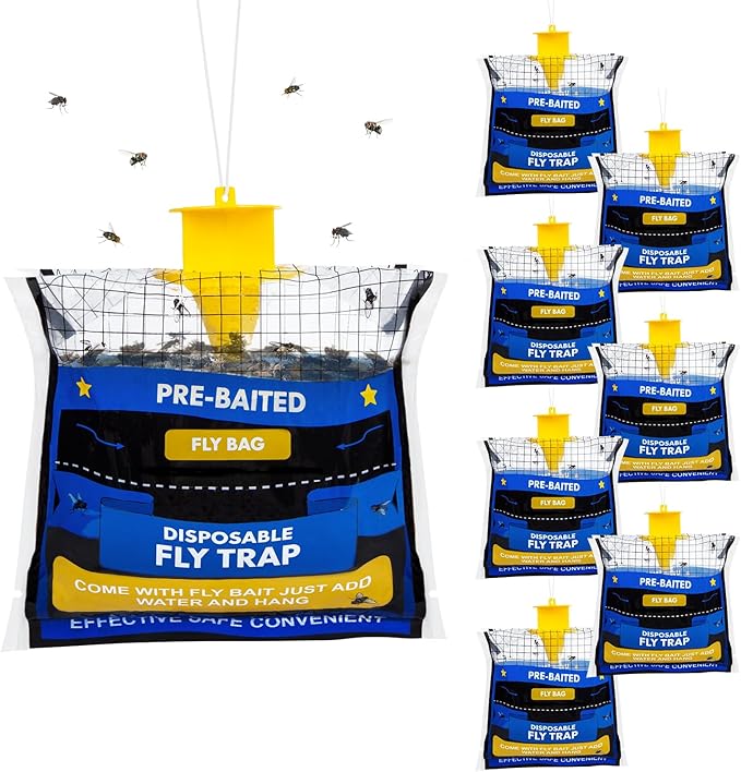 8 Pack Fly Traps Outdoor Hanging for Patio, Outdoor Disposable Hanging Fly Trap with 30g Bait, Bug Fly Hunter Catcher Killer Control for Barn Horse Ranch Chicken Coop