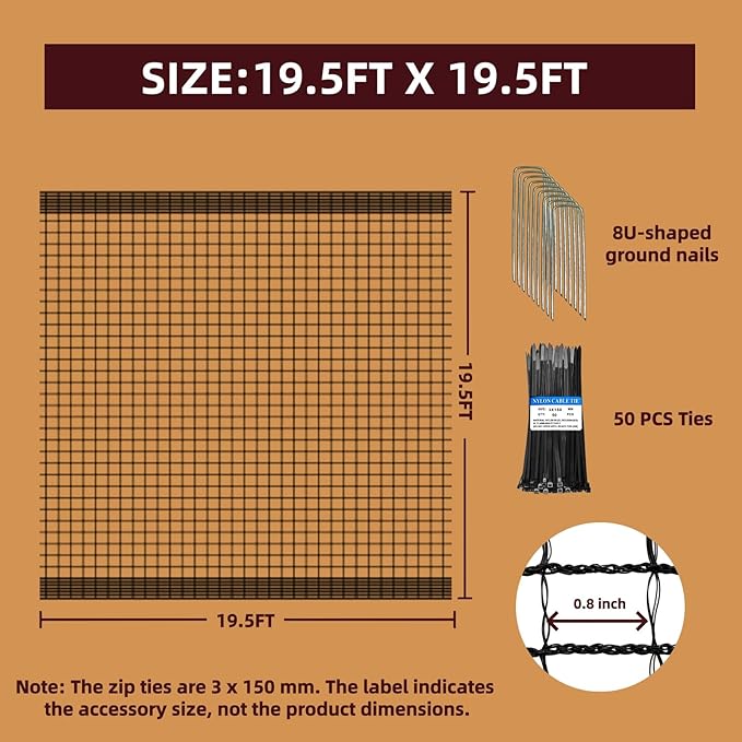 Heavy Duty Bird Netting for Chicken Coop, 19.5 x 19.5 ft 0.8”Mesh HDPE Chicken Netting for Hawks with Reinforced Edges, Durable & Reusable Poultry Netting for Garden Raised Beds & Fruit Trees
