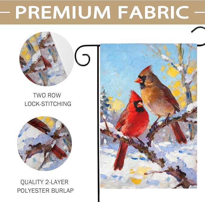 Winter Cardinal Garden Flag 12x18 Inch Snow Scene Bird Twigs Christmas Holiday Decorative Yard Flags for Outside Double Sided Seasonal Outdoor Home Farmhouse Decoration Porch January Decor