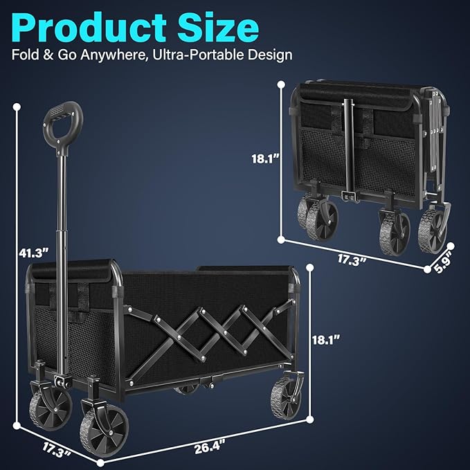 Wagons Carts Foldable, Collapsible Wagon with Wheels — Foldable Wagon for Groceries,Picnic,Beach,Camping, Small Hauls, Apartment Moving Storage, Portable Utility Folding Wagon Cart, 360lbs,Jet Black