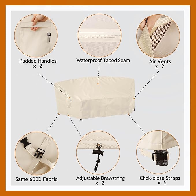 Curved Patio Furniture Cover for Outdoor Sectional Sofa, 96"(65") Reinforced Waterproof 600D Patio Sectional Covers, Lawn Outside Garden Furniture Winter Protector, Natural Beige
