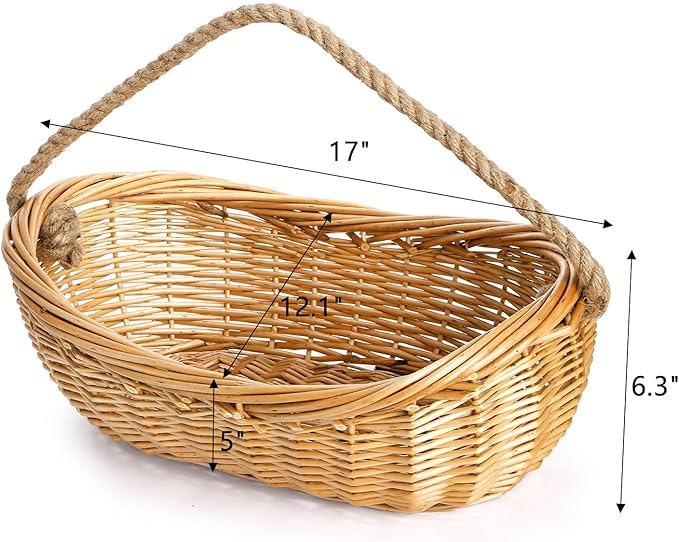 ZEAYEA Wicker Woven Basket with Jute Rope Handle, Large Garden Harvest Basket for Gathering Vegetables, Multi-functional Fruit Storage Basket for Picnic, Easter, Organizing