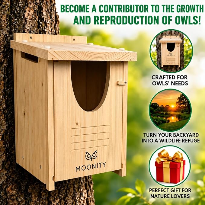 MOONITY Large Premium Cedar Owl House – 16" x 12" x 12" Weatherproof Nesting Box for Barn & Screech – Durable, Safe & Easy to Install