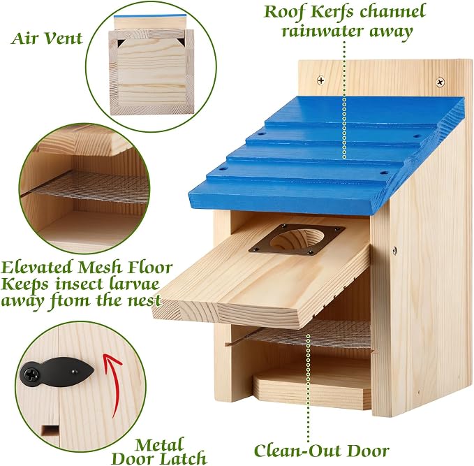 Dreyoo 8 Pack Bluebird Houses for Outside with Metal Predator Guard, 1-1/2" Entrance Hole Wooden Blue Bird Houses for Outdoors, Bluebird Nesting Box with Screwdriver(Blue Roof, Wood Body)