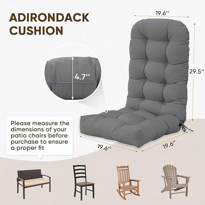 COOS BAY High Back Adirondack Chair Cushions for Outdoor Furniture, 49x20x5 in Water-Resistant Thick Tufted Patio Chair Cushions with Secure Straps, Set of 2, Gray