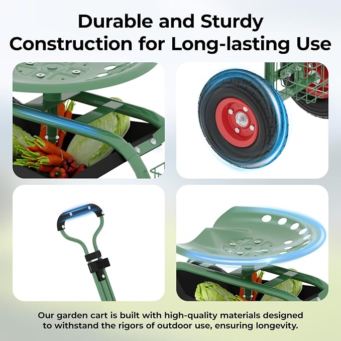 Garden Scooter Rolling Work Seat – 360° Swivel Garden Cart with Wheels, Tool Tray & Steering Handle – Heavy Duty Outdoor Stool for Planting, Weeding & Yard Work