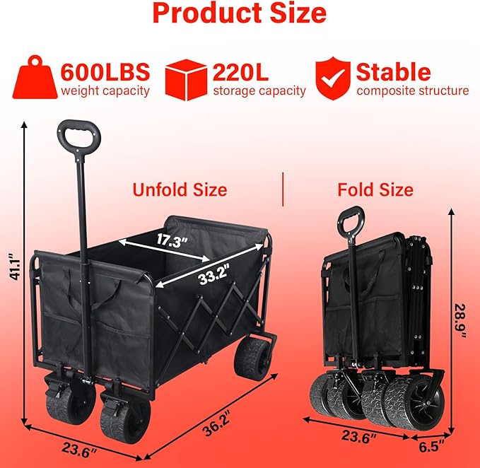 Collapsible Wagon Cart Foldable, 600LBS Beach Wagon with Big All-Terrain Wheels & Brakes, Heavy Duty Folding Utility Carts with Cup Holders for Garden, Camping, Sports, Groceries, Shopping