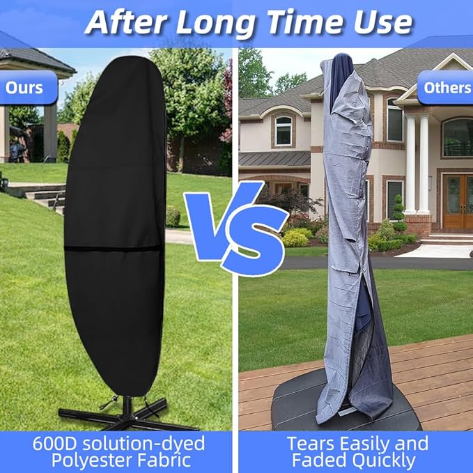 Patio Umbrella Parasol Cover - 600D Waterproof, Cantilever Offset Umbrella Cover with Sturdy Zipper, Anti-UV Outdoor Umbrella Cover Fits for 7.5-11.5 Feet（Black）