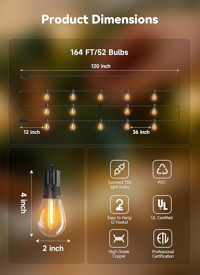 Minetom 164FT Outdoor String LED Patio Lights Waterproof,52 Shatterproof S14 Vintage Edison Bulbs,Commercial Grade Outside Hanging Lights Waterproof for Porch Deck Garden Backyard Balcony Cafe Bistro