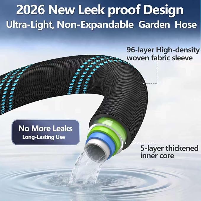 50 ft Flexible Garden Hose - 2026 Upgraded Heavy Duty Water Hoses with 3/4''Solid Fittings,Lightweight,No Kink & Tangle,Puncture Proof Garden Hoses pipe for Yard, Outdoors, Rv